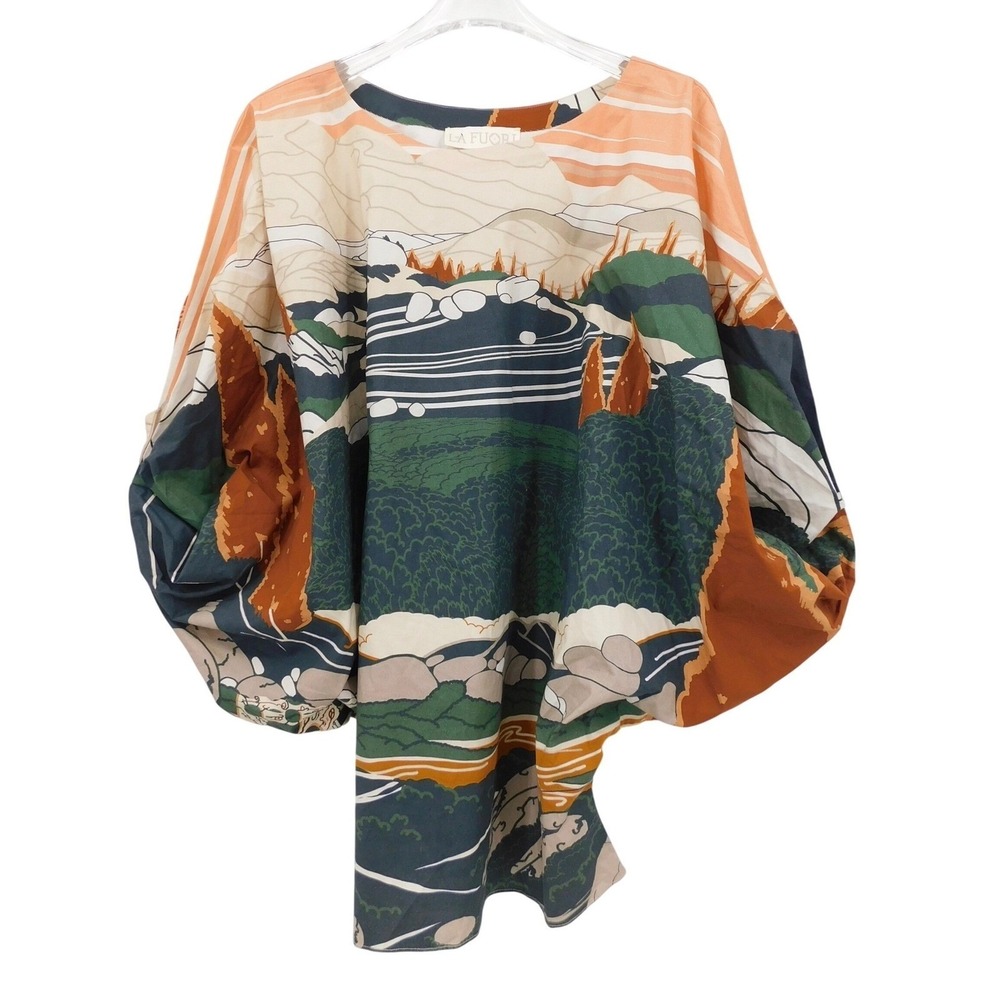 La Fuori Women Scenic Landscape Print Cotton Dolman Sleeve Blouse Small Multi